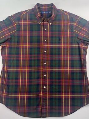 POLO Ralph Lauren Men's Classic Fit Plaid Oxford Shirt, Burgundy/Green/Tan, XXL